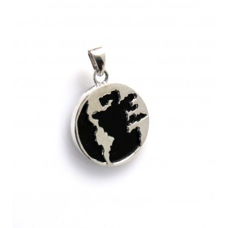 Colgante mundo 20mm de Plata de ley 925 con piedra negra